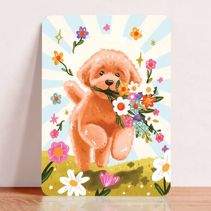 Card birthday dog flowers just because thank you postcard for wholesale by Aniet Illustration