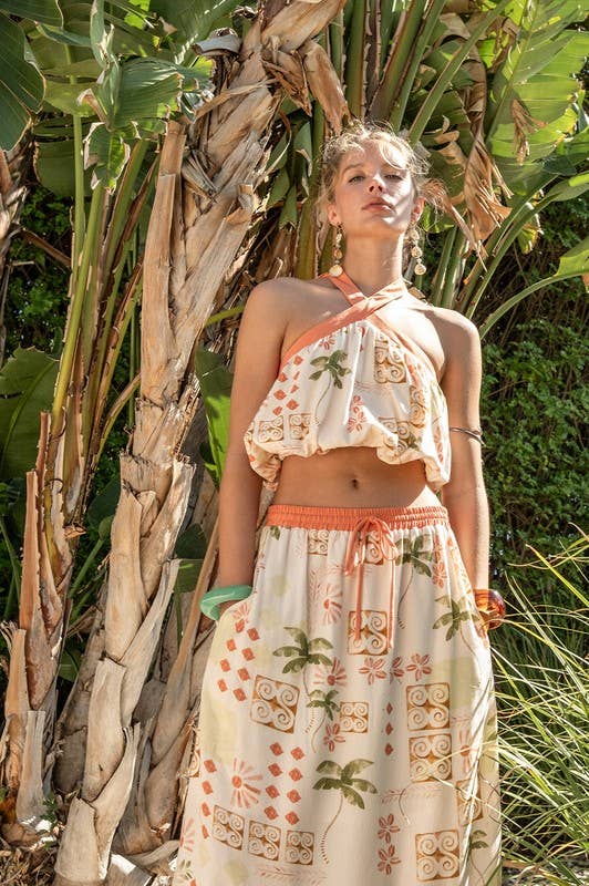 Cream Multi Printed Halter And Skirt Set for wholesale on Faire5