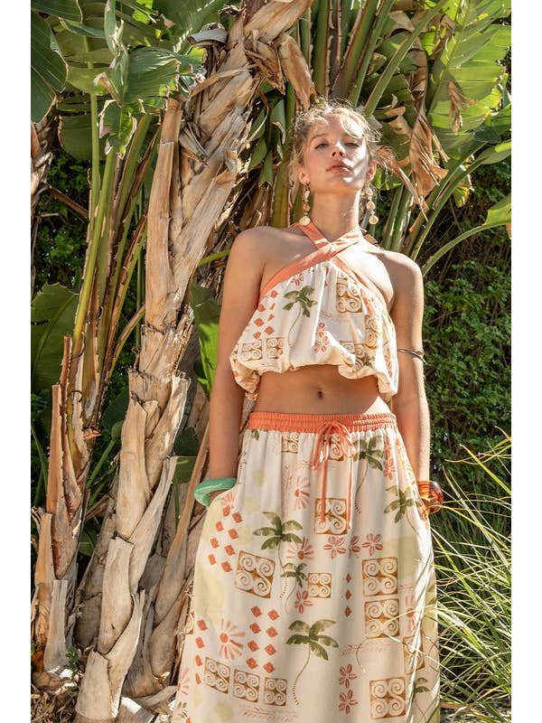 Cream Multi Printed Halter And Skirt Set for wholesale on Faire5