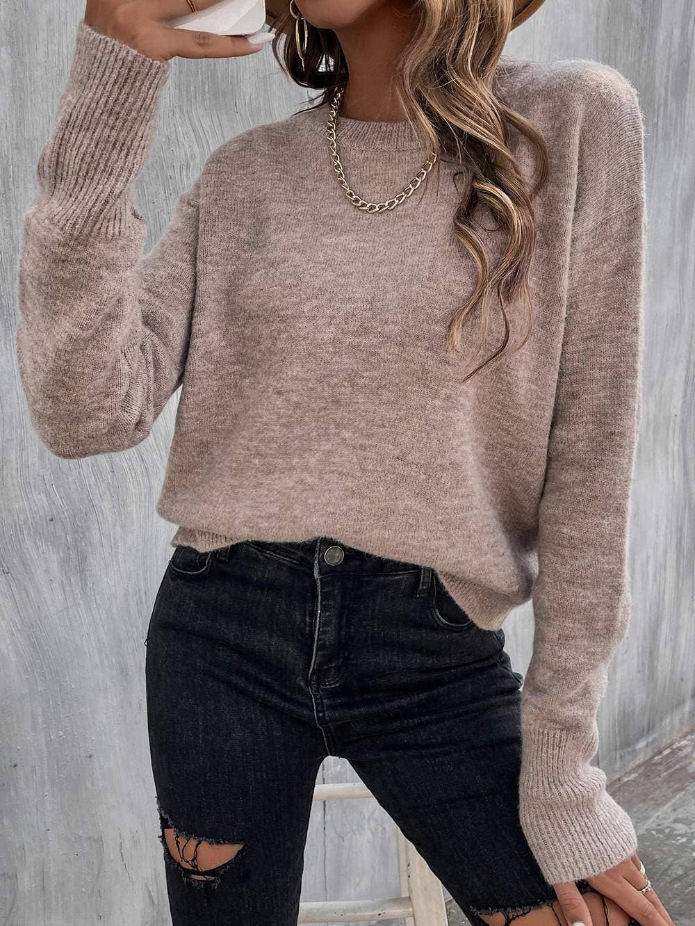 Fashion Combination – wholesale Pullovertröja - Dam – massiv tröja med droppad axel