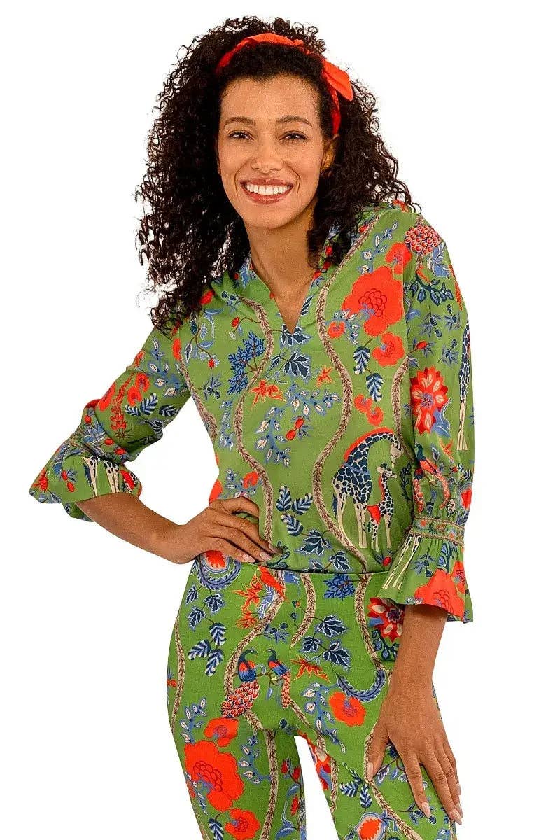 Gretchen Scott LLC - Wholesale Tunic - Women's - Ruffleneck Tunic - Jungle Symphony21