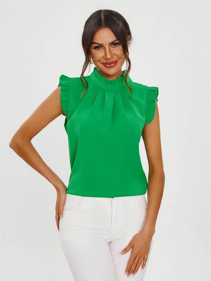 FS Collection bluse med høj hals og flæsekant på ærmer i lysegrøn for engroshandel hos FS Collection