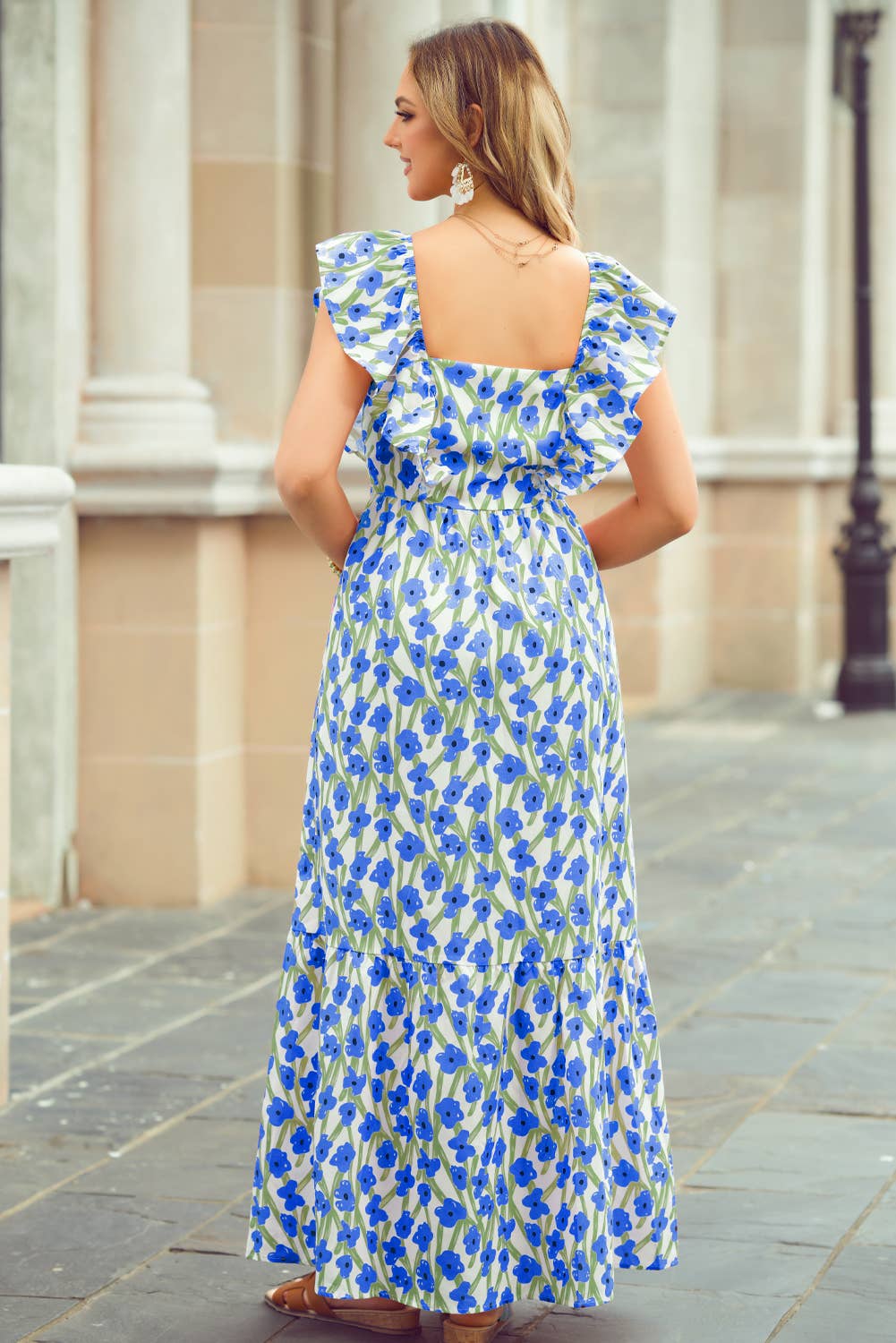 1 the Woman - Wholesale Dress - Women's - Floral Print Square Neck Ruffled Strap Maxi Dress8