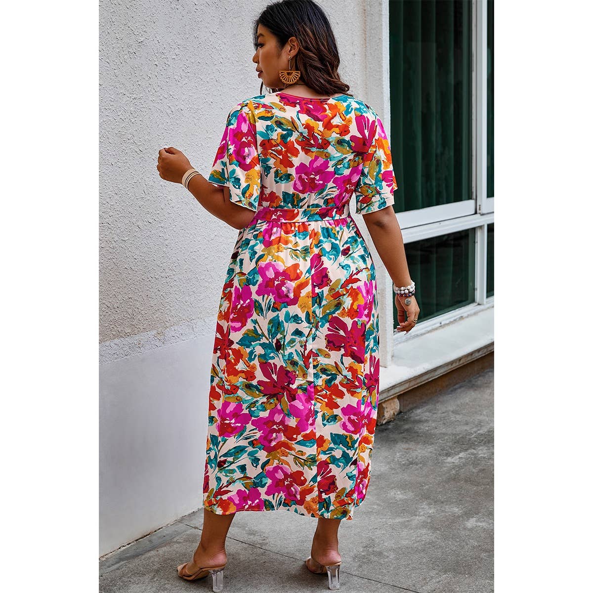 MULTI Plus Size Floral Butterfly Sleeve Belted Dress for wholesale on Faire6