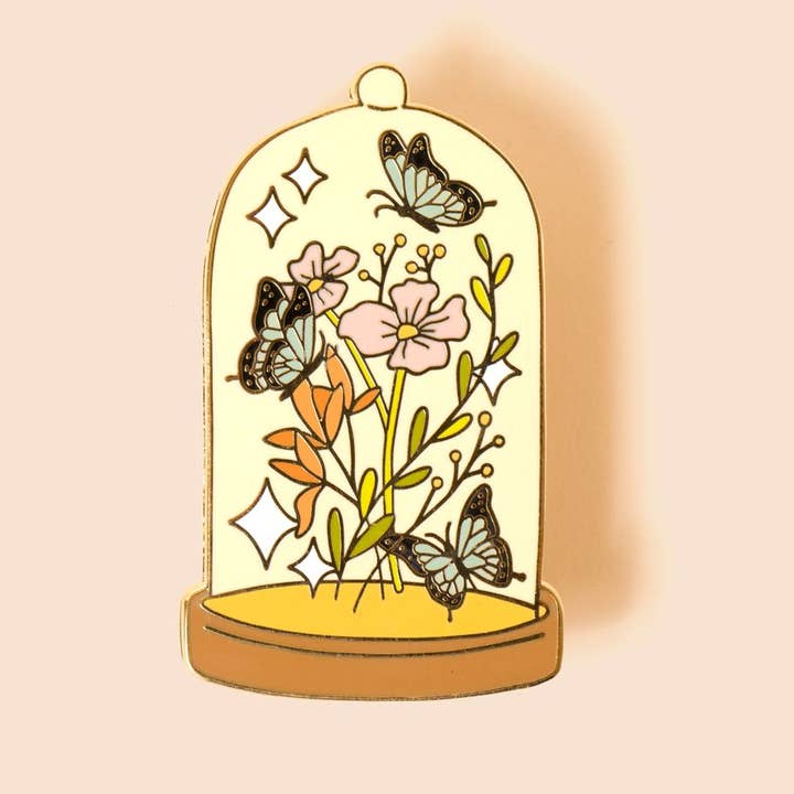 Glass Dome Flower Butterfly enamel pin for wholesale by EVRYDAY MONDAY