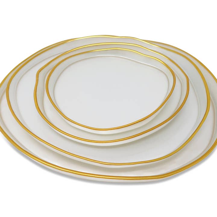 Set of 4 Organic Shaped Glass Plates White with Gold Wall for wholesale by VIVIENCE