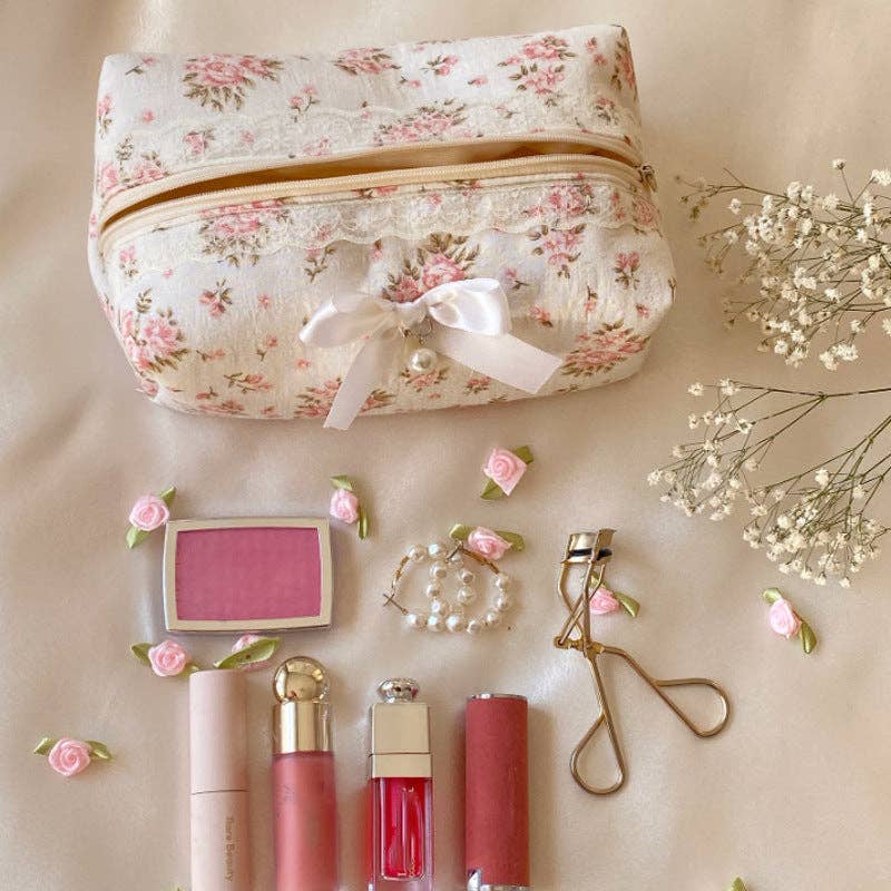 Dipped Shop - Wholesale Makeup/Cosmetic Bag - Cute Bow Flower Print Makeup Bag DP25C5692