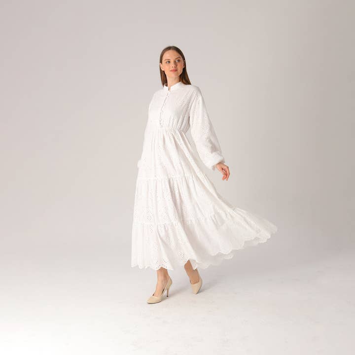 Modest White Long Sleeve Eyelet Maxi Dress for wholesale on Faire