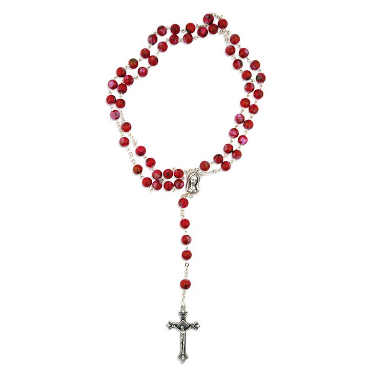 Village Gift Importers - Wholesale Prayer beads necklace - Red Rosary Beads with Madonna and Child Center and Crucifix