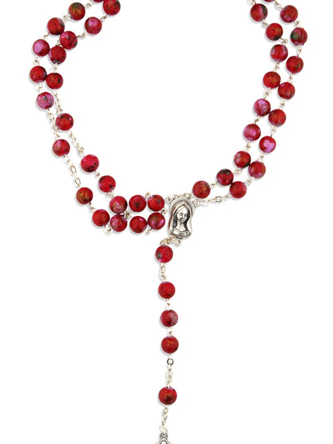 Red Rosary Beads with Madonna and Child Center and Crucifix for wholesale by Village Gift Importers