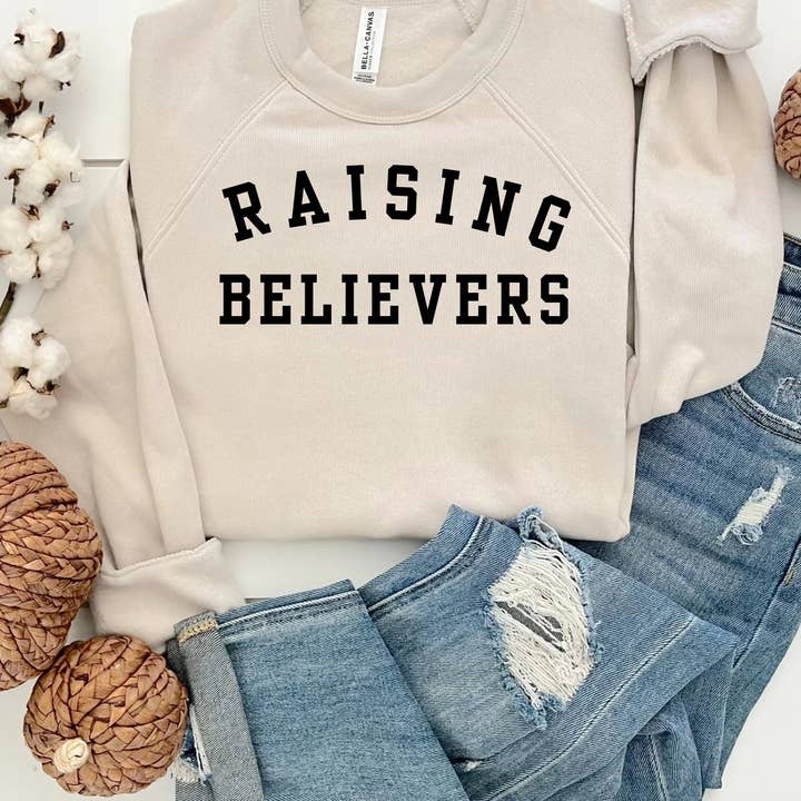 Raising Believers Sweatshirt | Embroidered Bella Canvas Fleece | Christian Mom Gift | Faith Based Apparel | Cozy Sweatshirt | Soft Christian Crewneck for wholesale by Swain Co. Embroidery & Press
