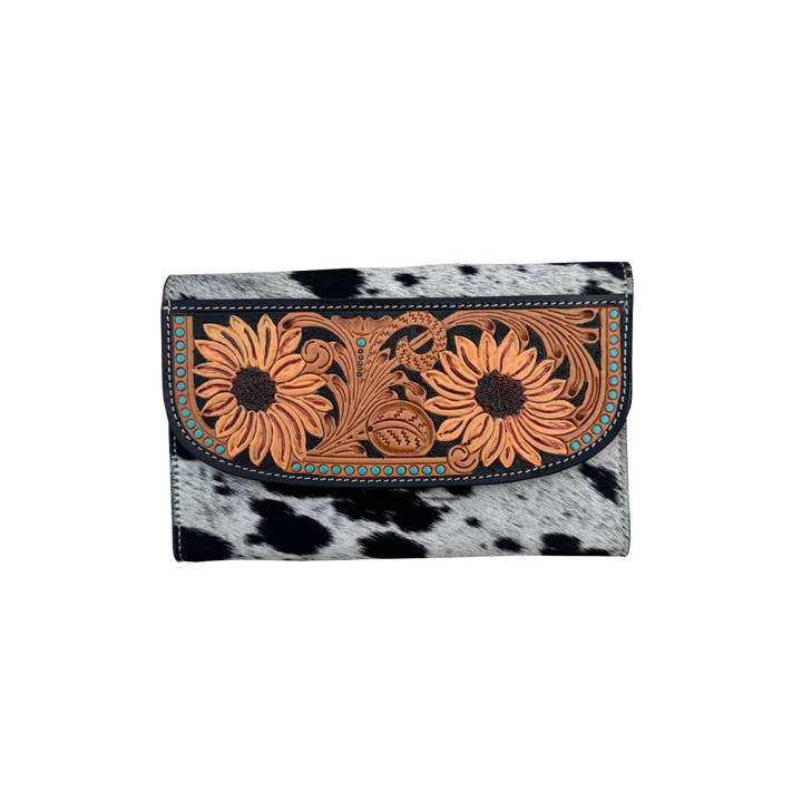 The Design Edge - Wholesale Crossbody Bag - Women's - Cowhide Sunflower Tooling Leather Wallet Bag – AB86 - Cancun3
