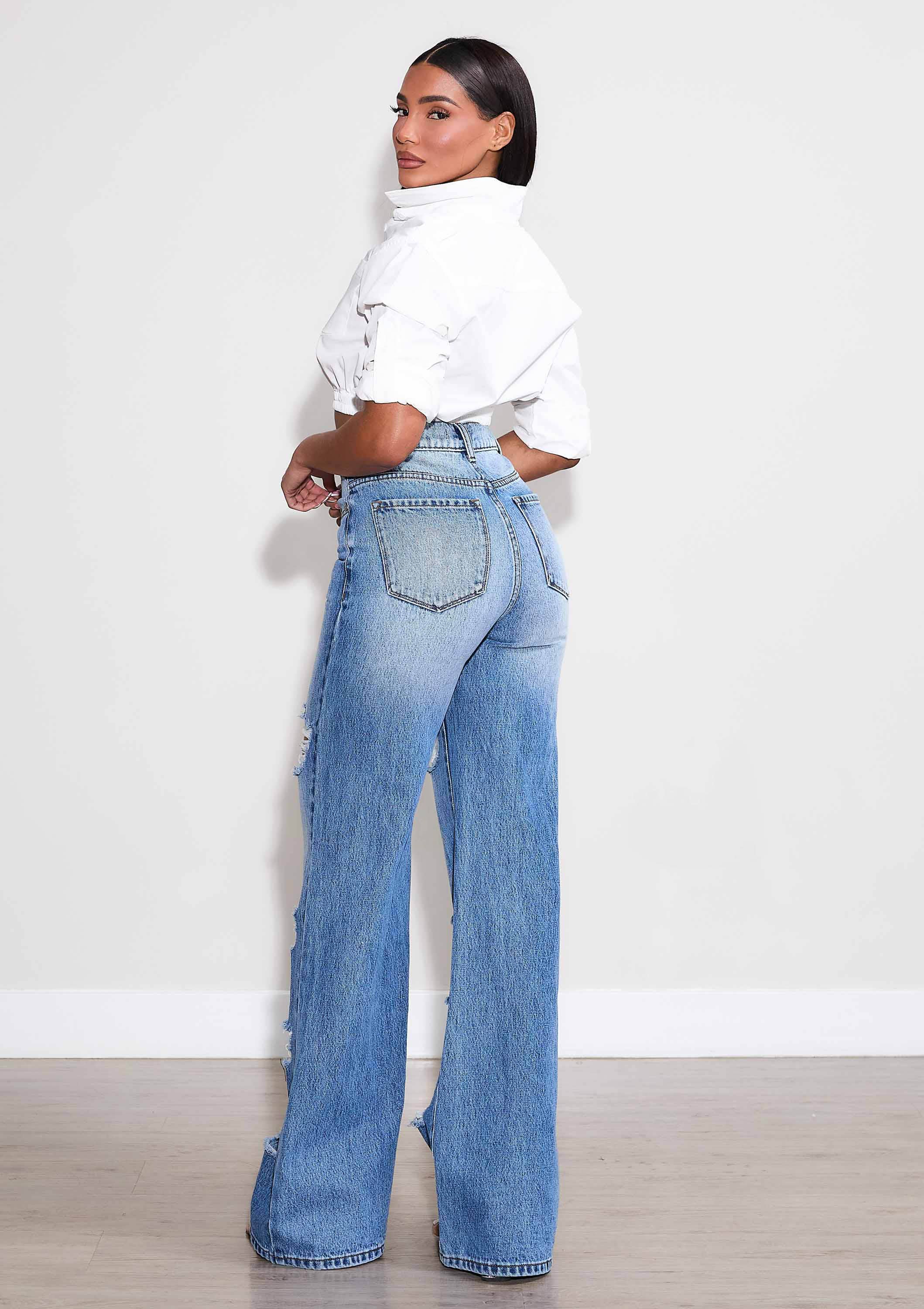 Medium Stone High-Rise Distressed Wide Leg Jeans for wholesale on Faire3