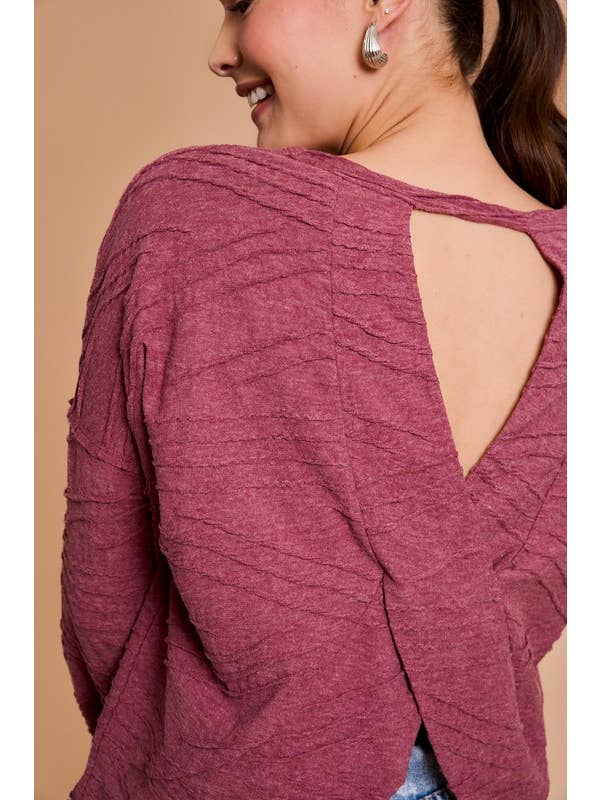 Wine LONG SLEEVE BACK OVERLAP TOP for wholesale on Faire