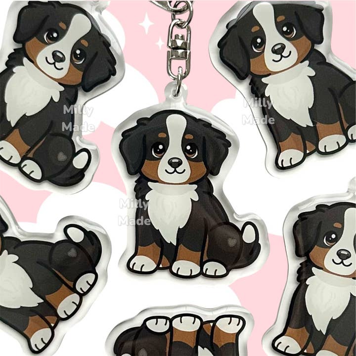Bernese Mountain Dog Acrylic Keychain with Epoxy Resin | Easy-Clip, Cute Dog Cartoon, Hand-Drawn Design, Dog Lover Gift for wholesale by Milly Made Designs