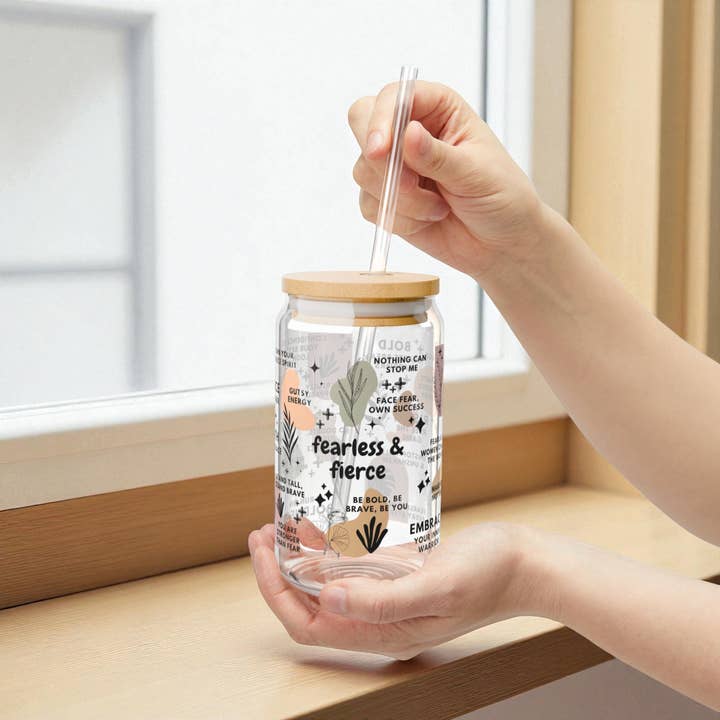 EMESLY - Wholesale Drinking Glass/Cup - Fearless & Fierce Motivational Sipper Glass Tumbler; 16oz1