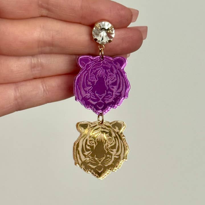 Louie Love - Wholesale Hoop Earrings - Purple & Gold LSU Football Sports Tiger Face Gameday Earring3