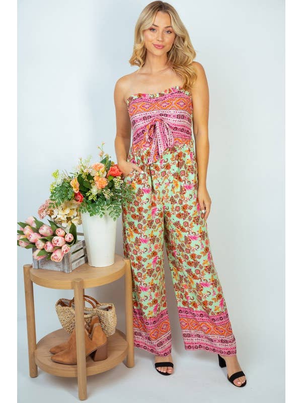 Black JP50131 Sleeveless Floral Print Woven Jumpsuit for wholesale on Faire