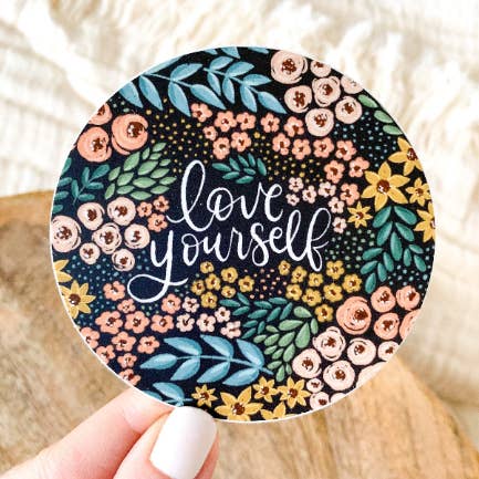 Love Yourself Floral Circle Sticker 3x3 in. for wholesale by Elyse Breanne Design