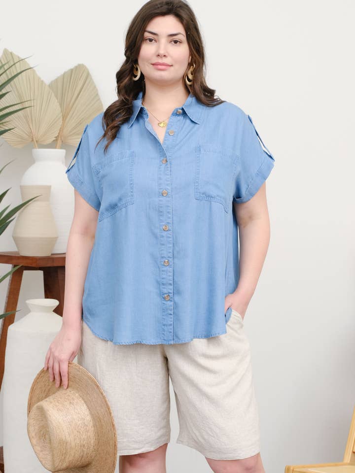 PLUS CHAMBRAY COLLARED TAB SLEEVE DETAIL SHIRT for wholesale by Blu Pepper
