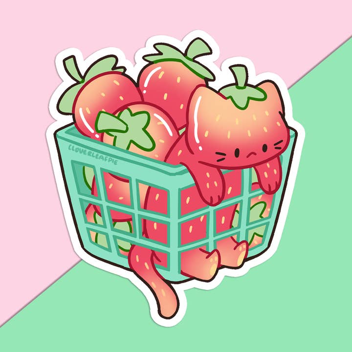 Strawberry Cat Vinyl Sticker for wholesale by Cloverleafpie