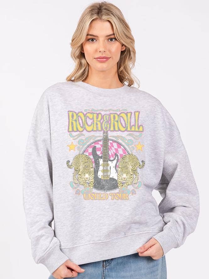 Rock N Roll World Tour Graphic L/S Relaxed Fleece Sweatshirt for wholesale by Zutter