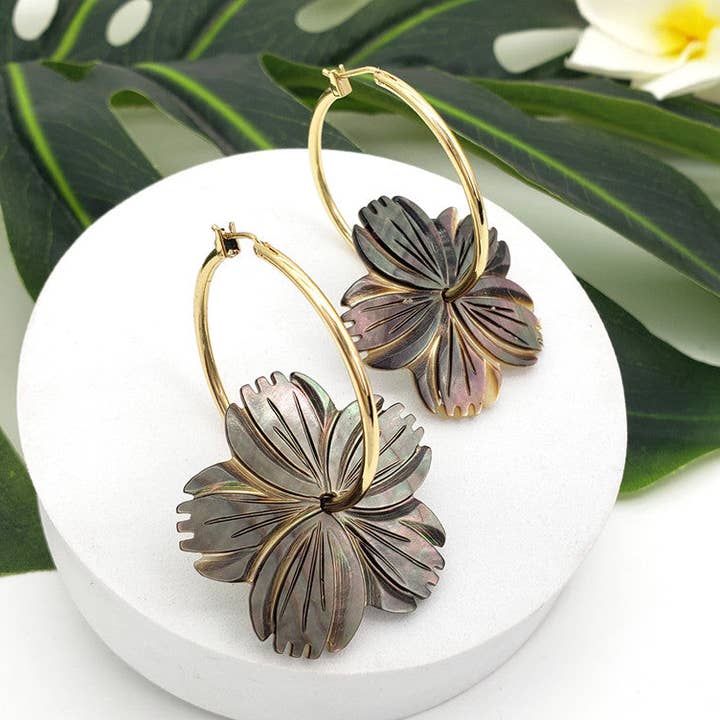 Round Bangle Earrings With A Big Different Plumeria Flower Charm Styles for wholesale by S&T Collections