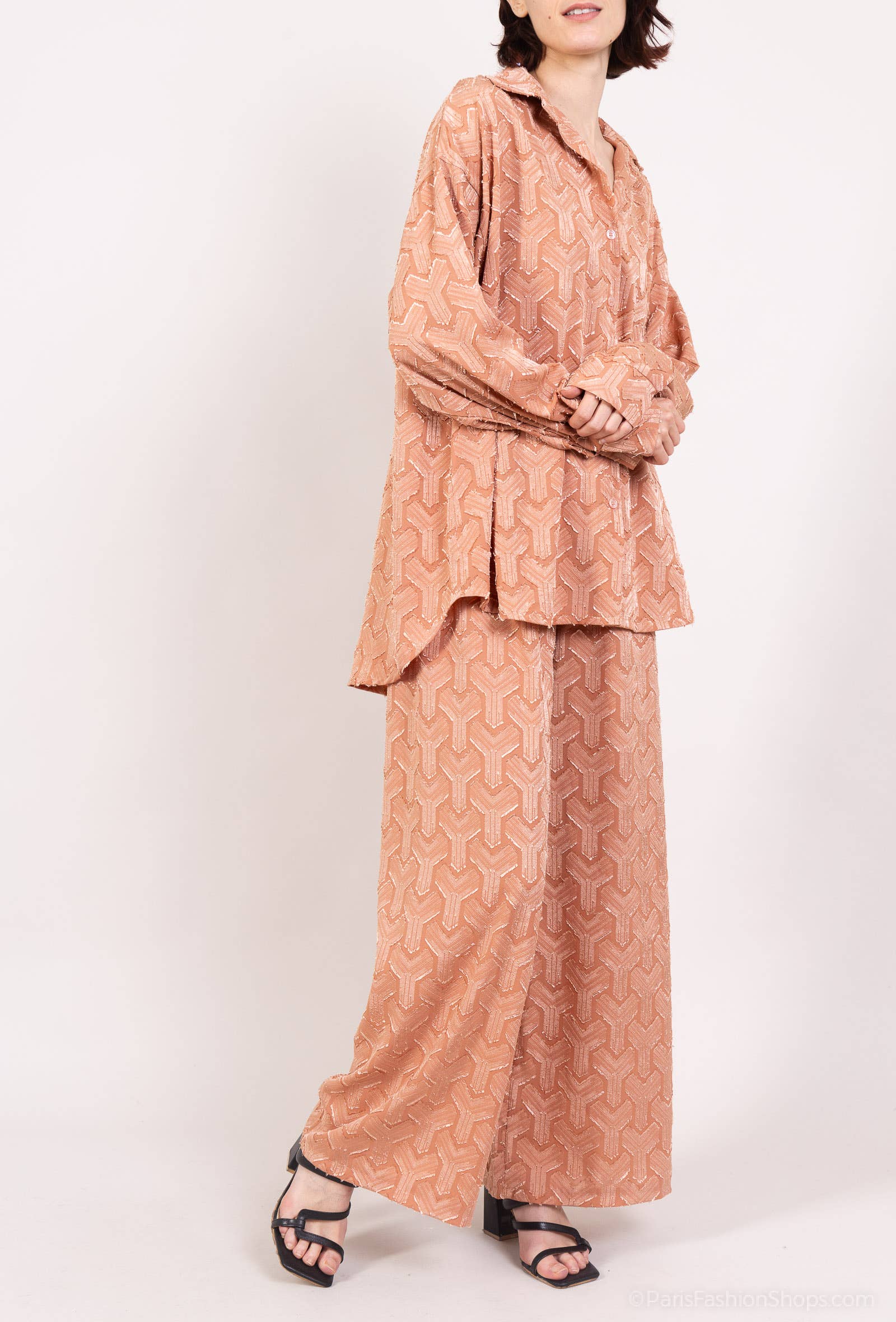 L'Emotion - Wholesale Top & Pant Set (NOT Loungewear) - Women's - Shiny Geometric Pattern Blouse and Pants Set6