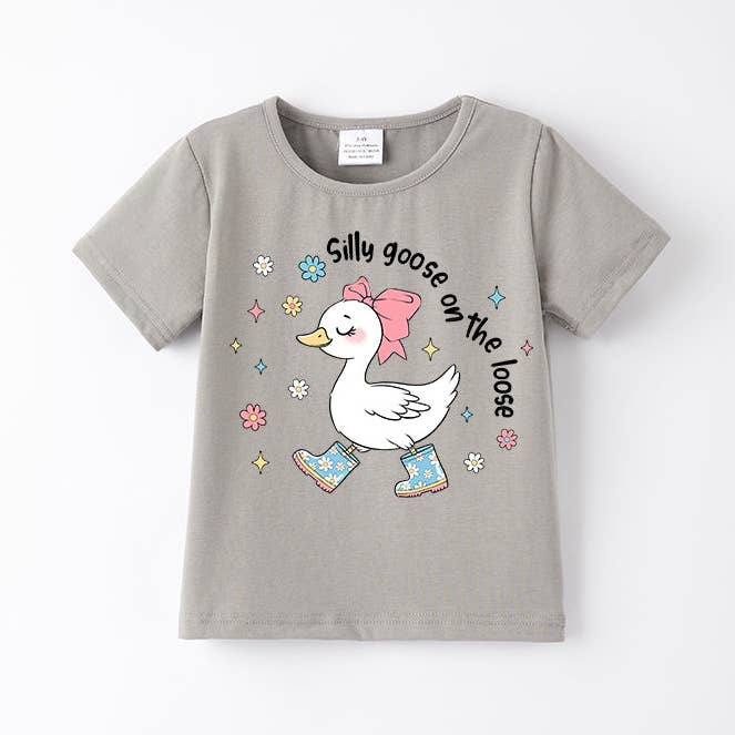 Toddler Girls "Silly Goose On The Loose" Grey Cotton T-shirt for wholesale by Auraquise