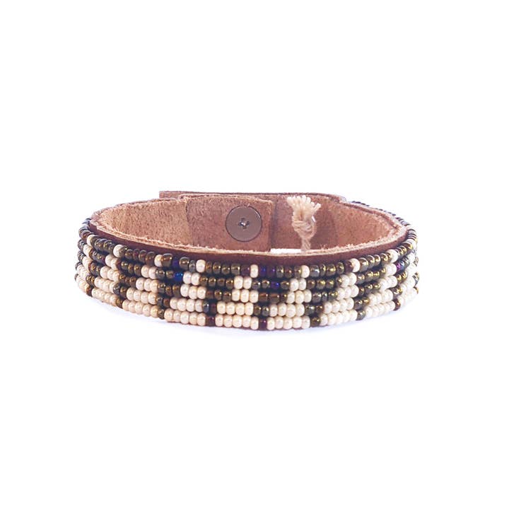 Small Tri Rainbow and Pearl Beaded Leather Cuff for wholesale by Swahili Coast