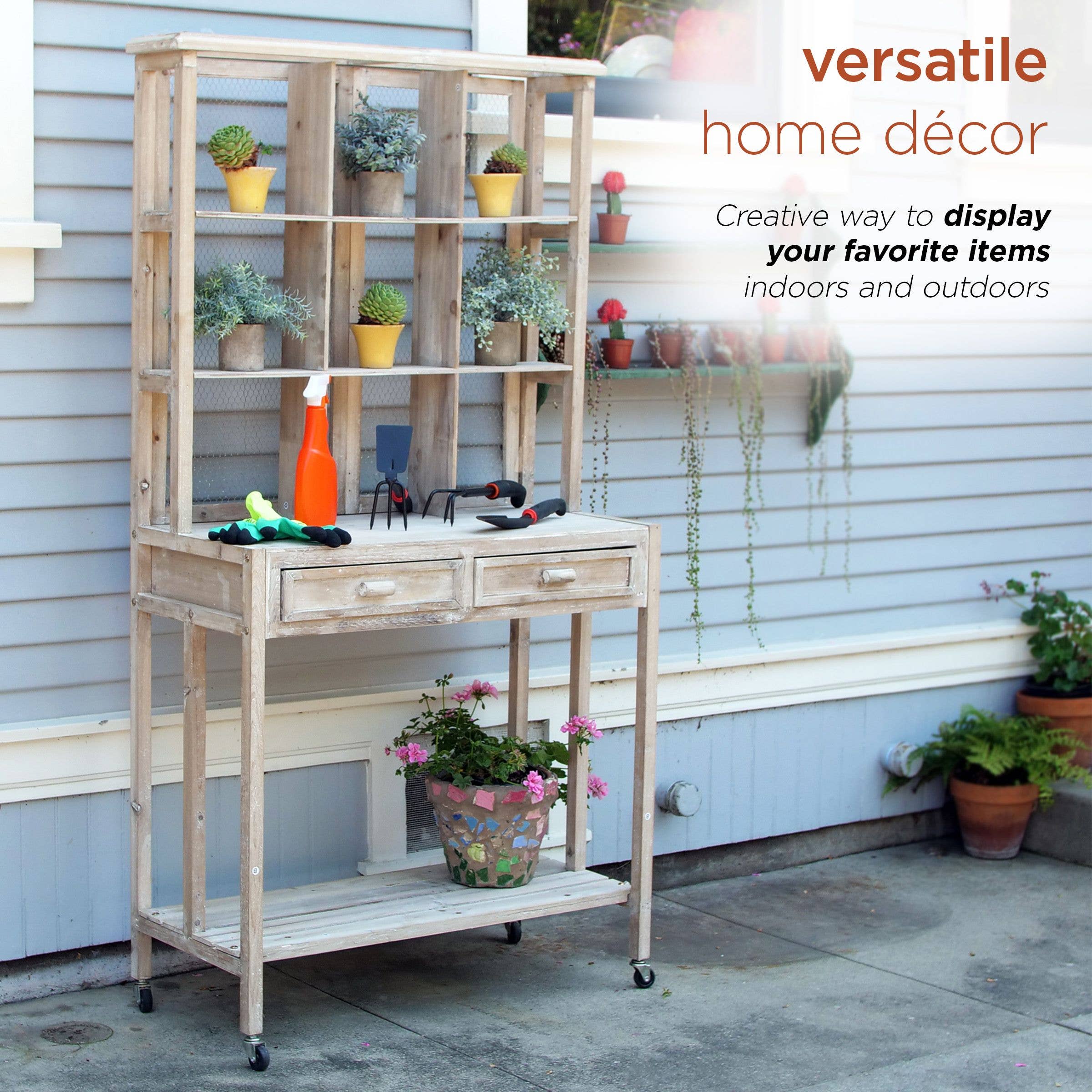 Alpine Corporation - Wholesale Outdoor Ornament/Decor - Alpine Corporation Rustic Wooden Potting Hutch with Shelves3