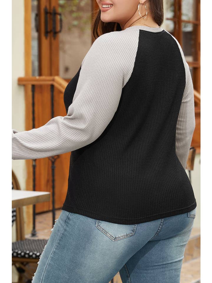 Black Plus Size Waffle Knit Buttoned Henley Top for wholesale on Faire