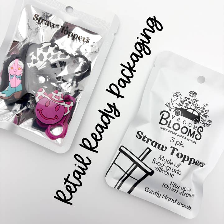 Vroom Blooms - Wholesale Drinking Straw - Straw Topper 3 pack - Smiley Cowboy, Cow Print Hat, Boot