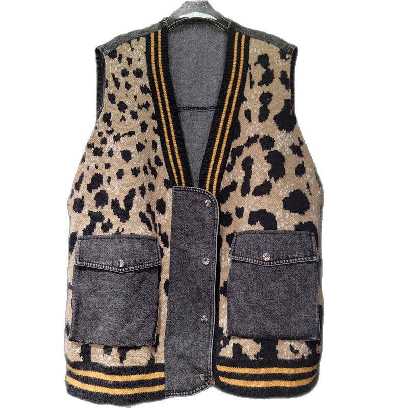 Caramel Brown M267 Autumn Winter Leopard Print Patchwork Denim Knit Vest for wholesale on Faire4