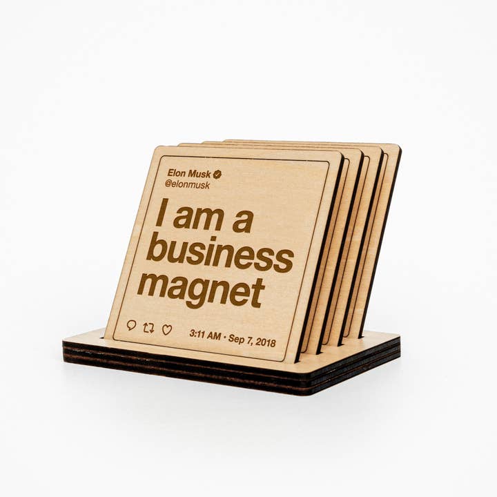 Elon Musk Coasters: Set #1 for wholesale by Laser Tweets
