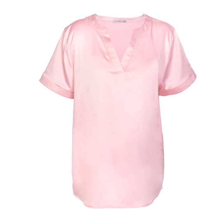Pale Pink Satin S/S V neck Top for wholesale by Amanda Blu