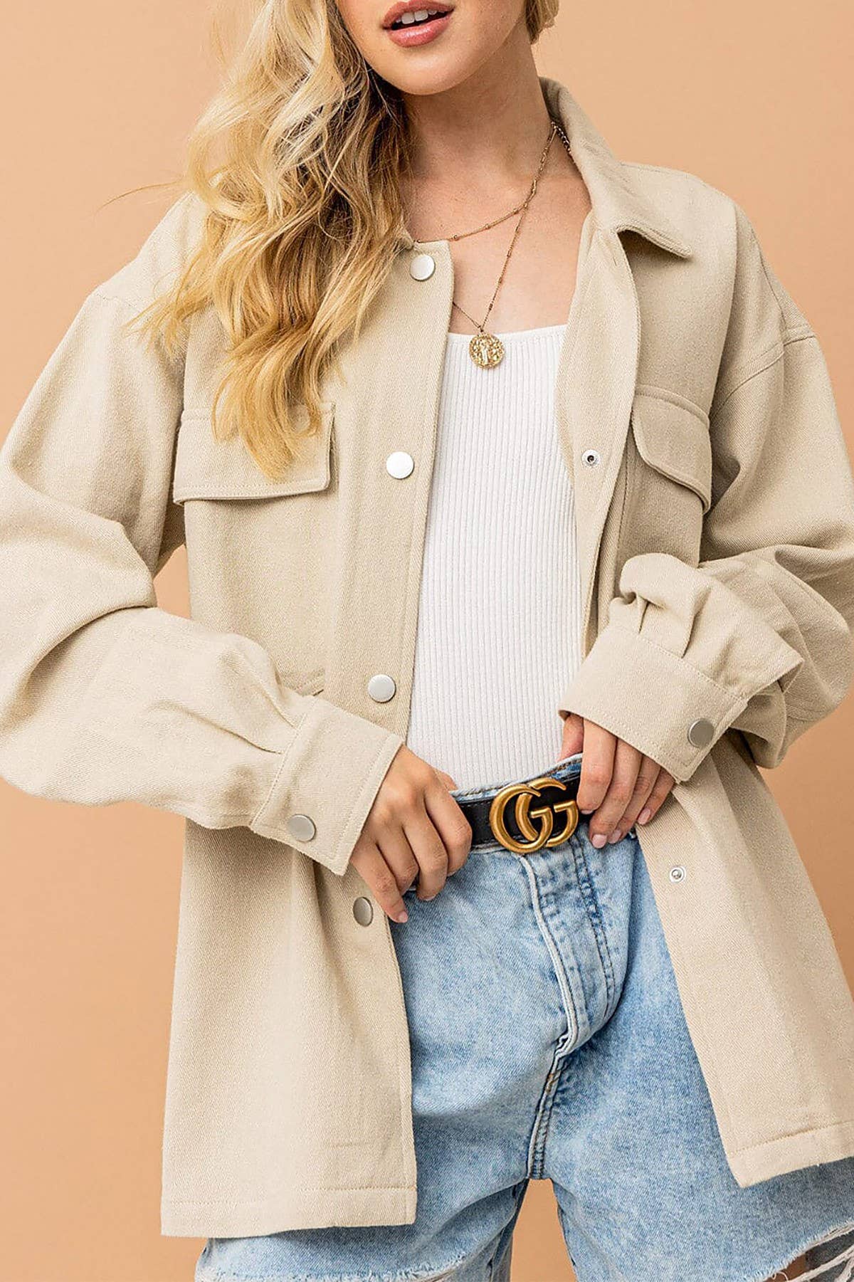 KHAKI TAI CHI EMBROIDERY BACK POCKET FRONT DENIM SHACKET for wholesale on Faire