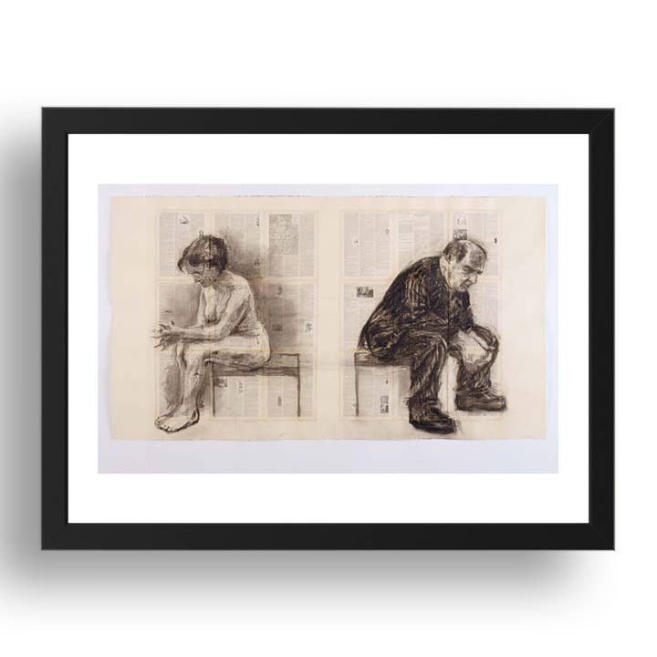 William Kentridge: Seated Couple, modernist artwork, A3 Size Reproduction Poster Print in 17x13" Black Frame for wholesale by PERIOD PRINTS