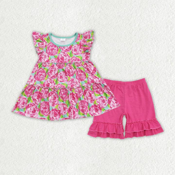 Baby Girls Pink Rose Flowers Tunic Top Ruffle Shorts Clothes for wholesale by Aier Wholesale