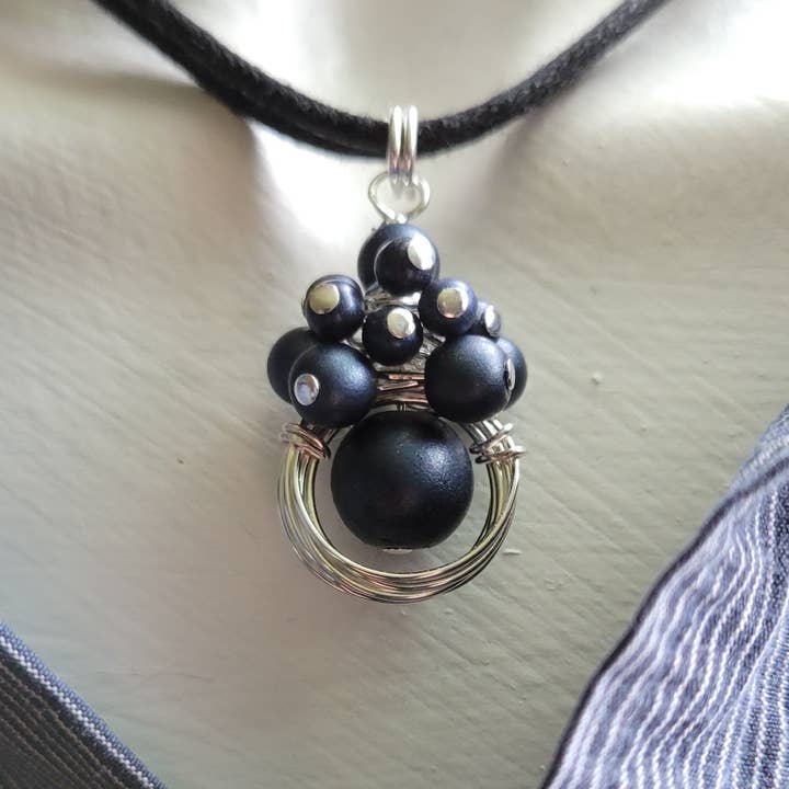 Silver Blue Beaded "Blueberry" Pendant Cord Necklace/Holiday for wholesale by Teahan K Jewelry