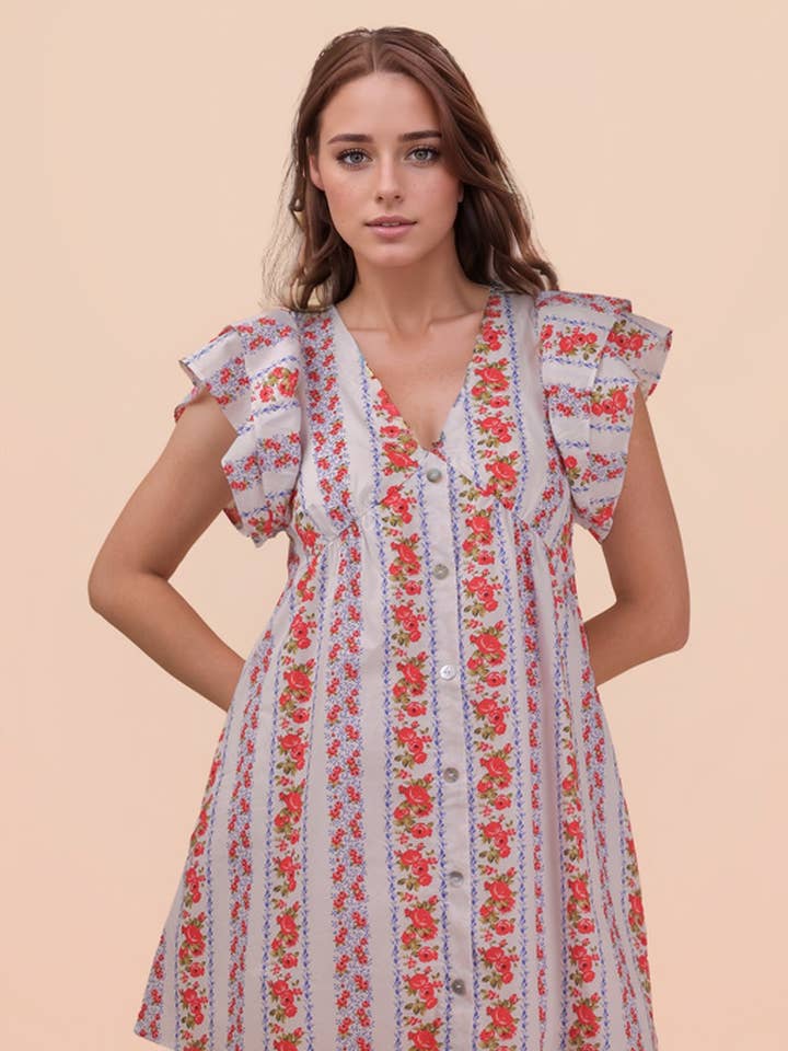 Robe Mini à Manches Volantées Imprimée à Boutons ND31775 pour la vente par VERY J