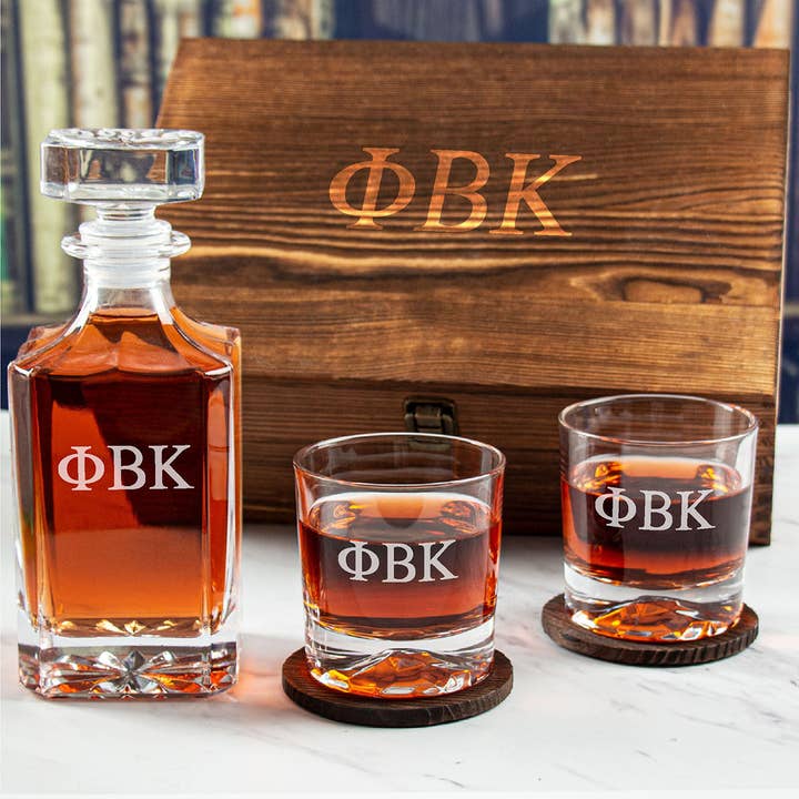 Engraved Phi Beta Kappa - Personalized Whiskey Decanter Set In Wood Gift Box for wholesale by MB Brands Inc