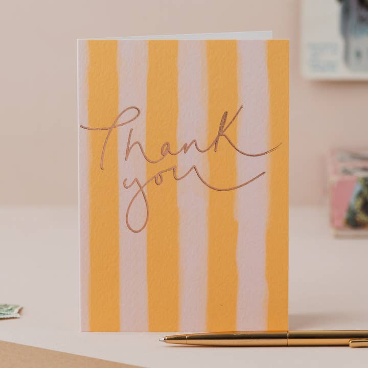 Oh Squirrel – wholesale Thank you card – 'Thank You’ Mustard / Peach Stripe + Rose Gold Foil Card0