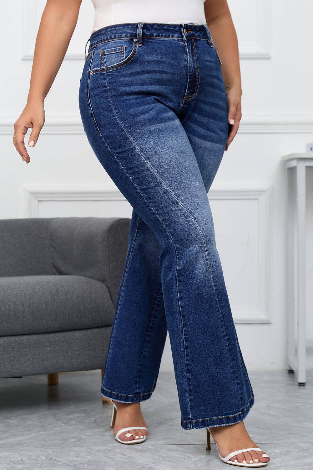Aila Dark Blue Plus Size Stitching Flare Jeans for wholesale on Faire3