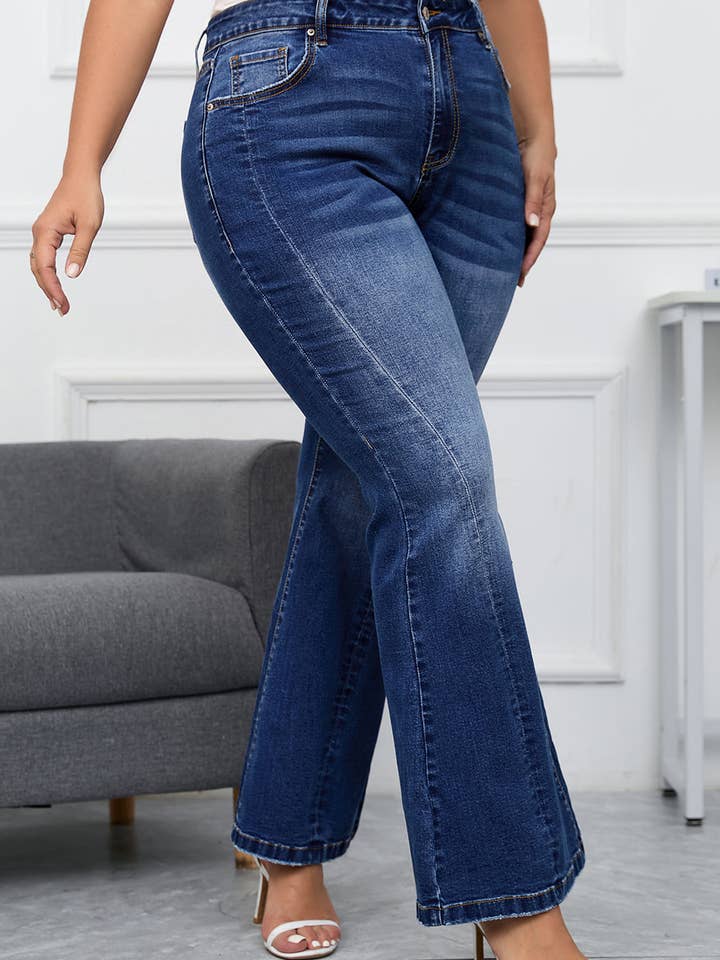 Aila Dark Blue Plus Size Stitching Flare Jeans for wholesale on Faire3