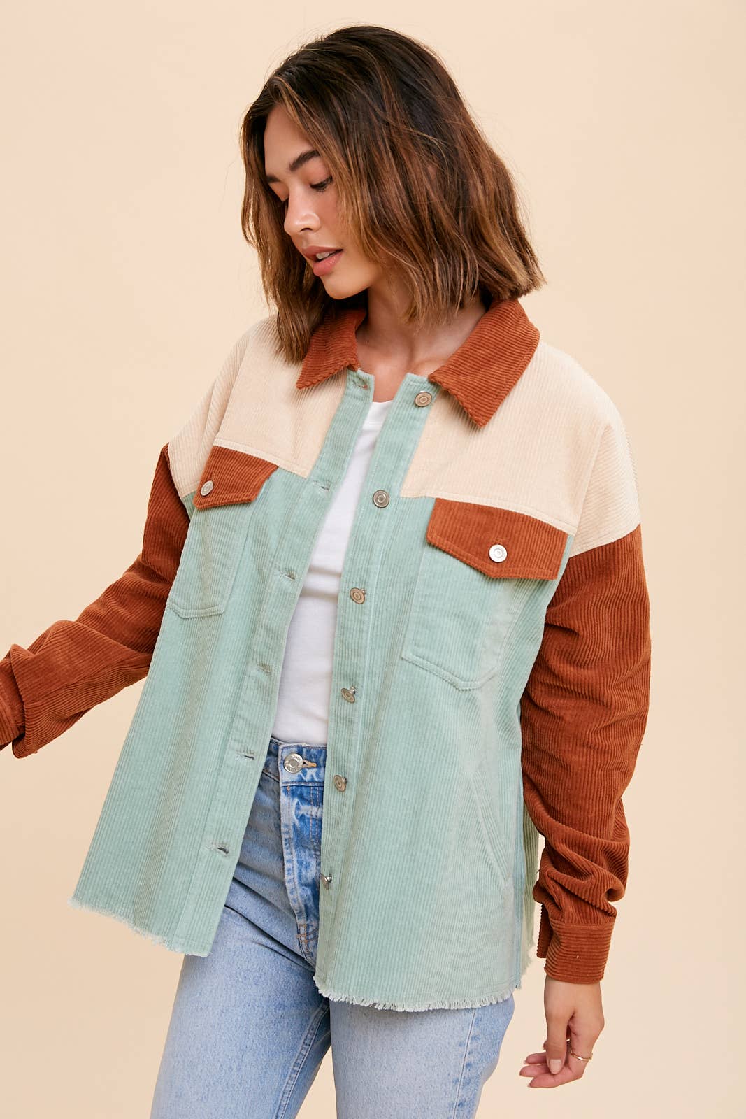 SAGE RUST COLOR BLOCK CORDUROY SHACKET for wholesale on Faire2