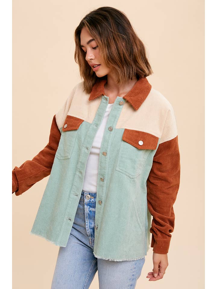 SAGE RUST COLOR BLOCK CORDUROY SHACKET for wholesale on Faire2