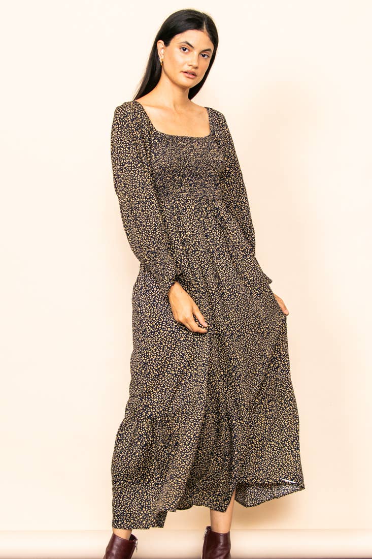 Elloh Collection - Wholesale Dress - Women's - Flowy Leopard Print Square Neck Smocked Maxi Dress w Pockets7