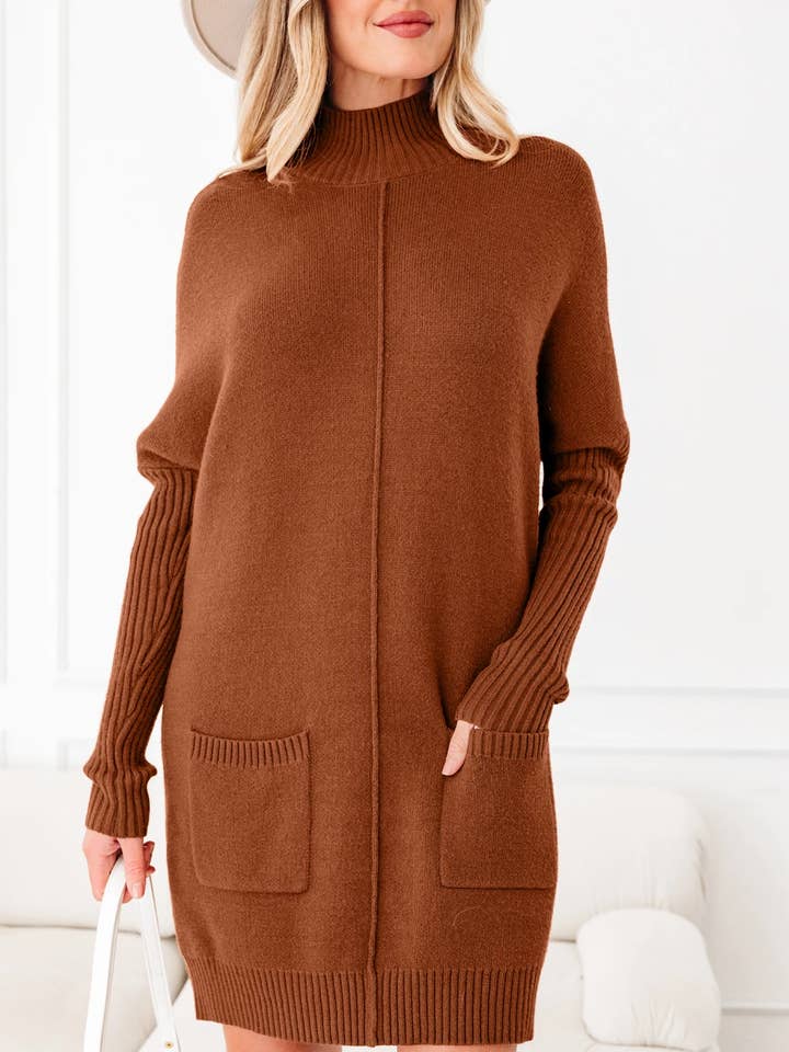 Ribbed High Neck Pockets Center Seam Shift Sweater Dress for wholesale by FULL TIME PURCHASE