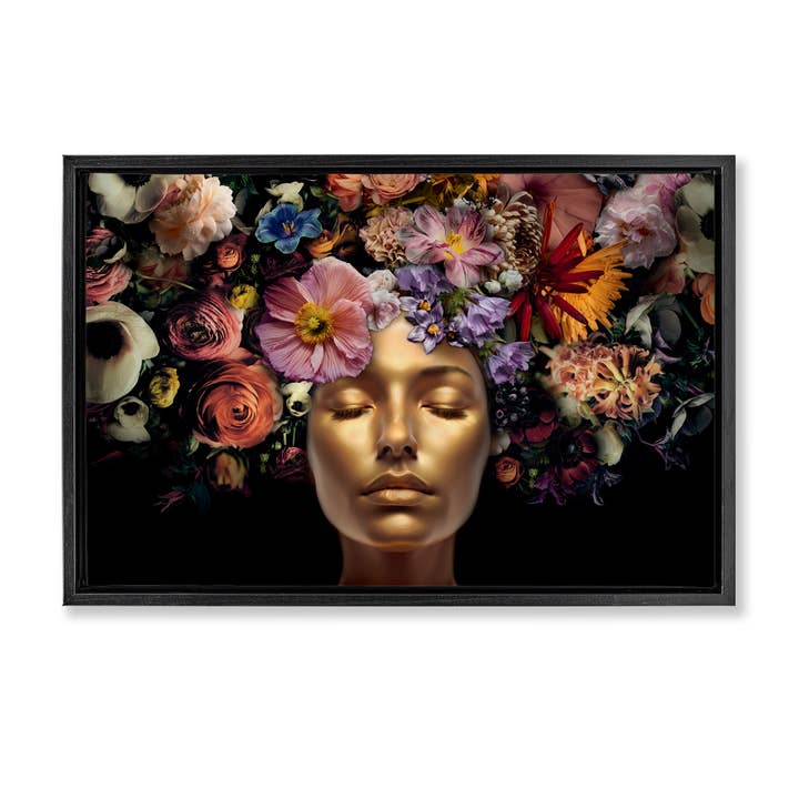 Arte emoldurada flutuante com rosto dourado e flores por atacado de Stupell Industries